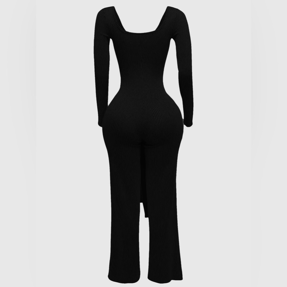 Ribbed Long Sleeve Jumpsuit with Front Tie